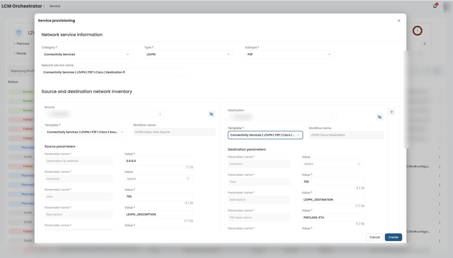 LCM Orchestrator service provisioning screen