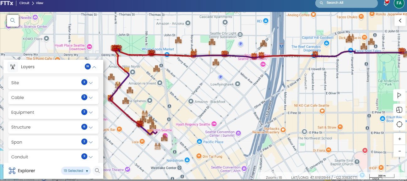 Layered GIS digital twin showing a fiber circuit routed across the network